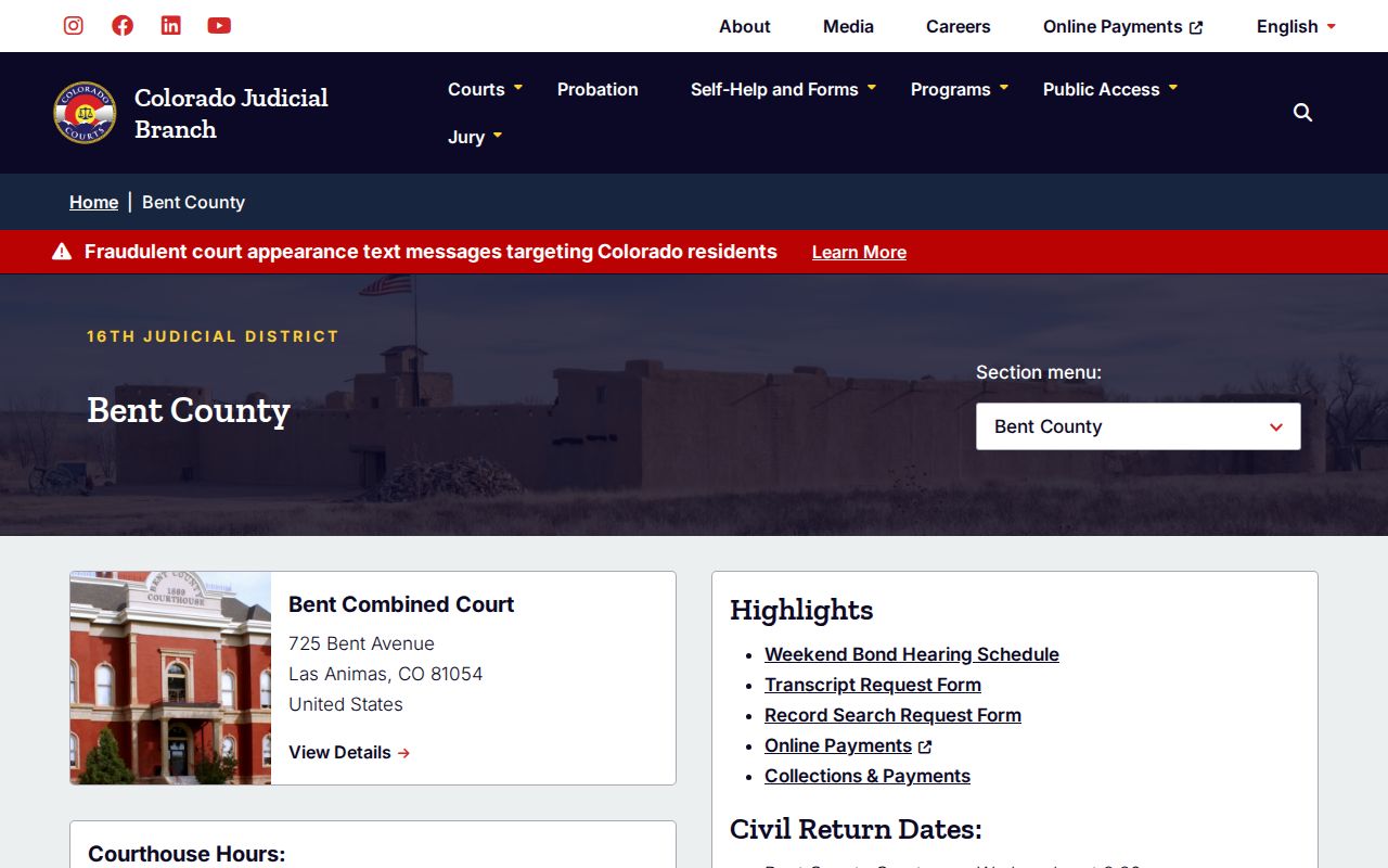 Bent County warrant records court landing page