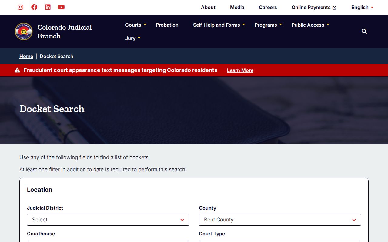Bent County warrant records docket search controls